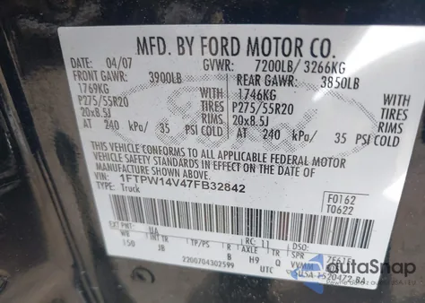 2007 Ford F-150 Fx4/Lariat/Xlt z USA, uszkodzony, nr VIN 1FTPW14V47FB32842